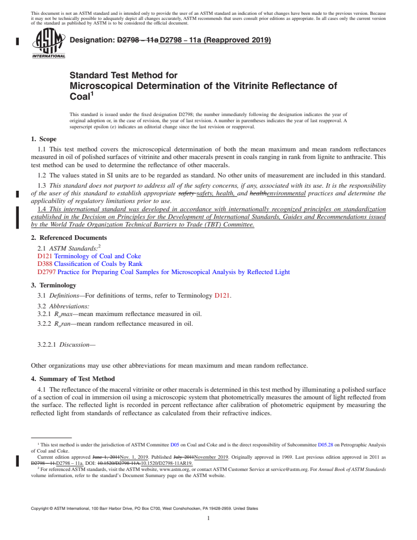 REDLINE ASTM D2798-11a(2019) - Standard Test Method for  Microscopical Determination of the Vitrinite Reflectance of Coal