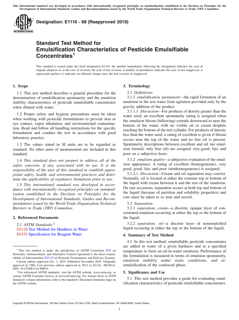 ASTM E1116-98(2019) - Standard Test Method for  Emulsification Characteristics of Pesticide Emulsifiable Concentrates