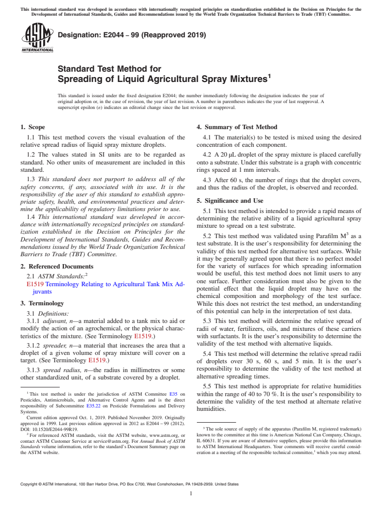 ASTM E2044-99(2019) - Standard Test Method for  Spreading of Liquid Agricultural Spray Mixtures