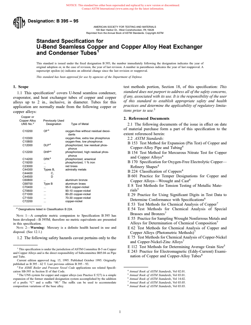 ASTM B395-95 - Standard Specification for U-Bend Seamless Copper and Copper Alloy Heat Exchanger and Condenser Tubes