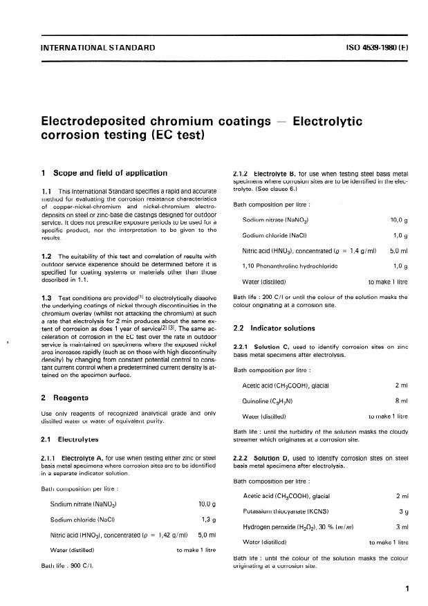 ISO 4539:1980 - Electrodeposited chromium coatings -- Electrolytic corrosion testing (EC test)