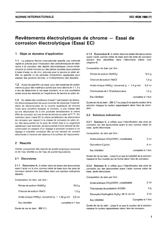 ISO 4539:1980 - Revetements électrolytiques de chrome -- Essai de corrosion électrolytique (Essai EC)
