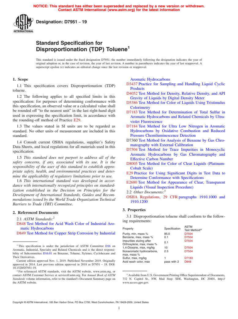 ASTM D7951-19 - Standard Specification for Disproportionation (TDP) Toluene