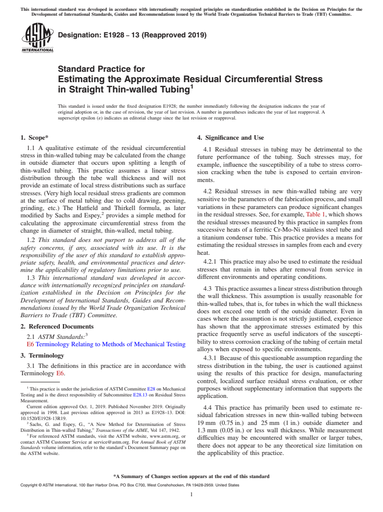 ASTM E1928-13(2019) - Standard Practice for  Estimating the Approximate Residual Circumferential Stress  in Straight Thin-walled Tubing