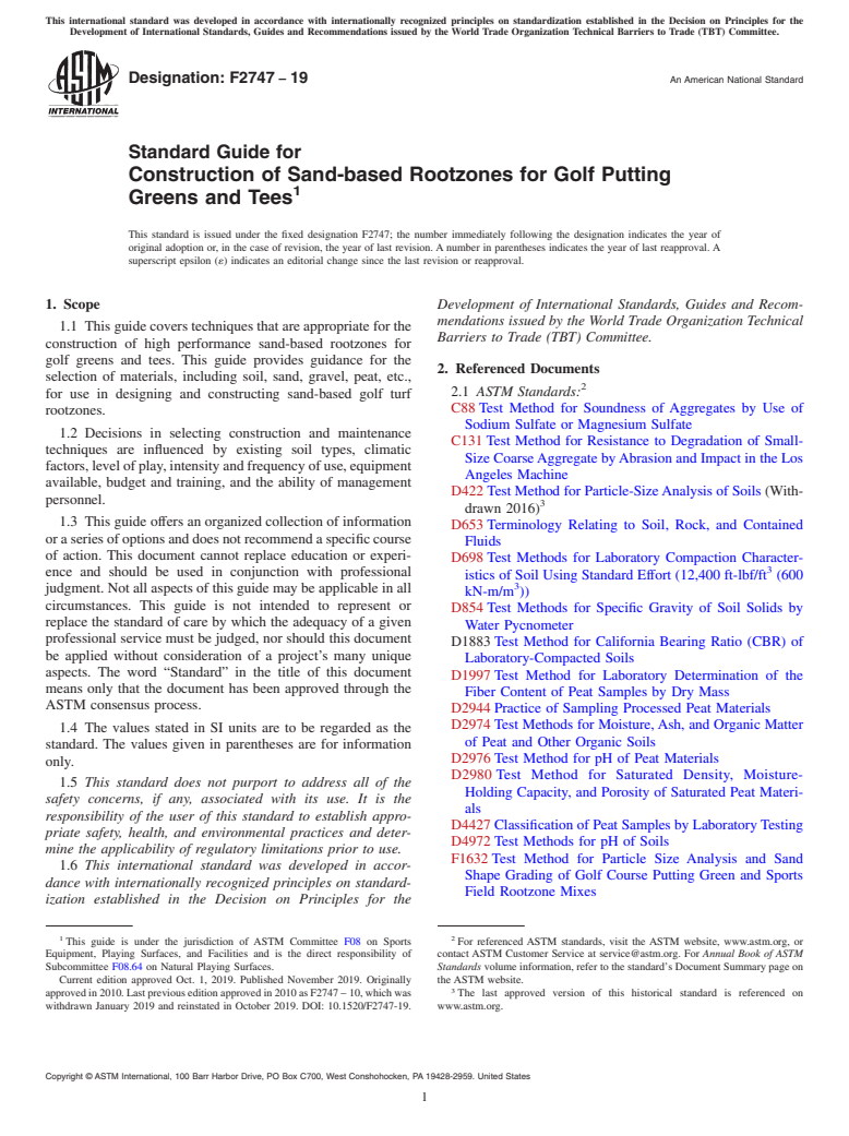 ASTM F2747-19 - Standard Guide for  Construction of Sand-based Rootzones for Golf Putting Greens  and Tees