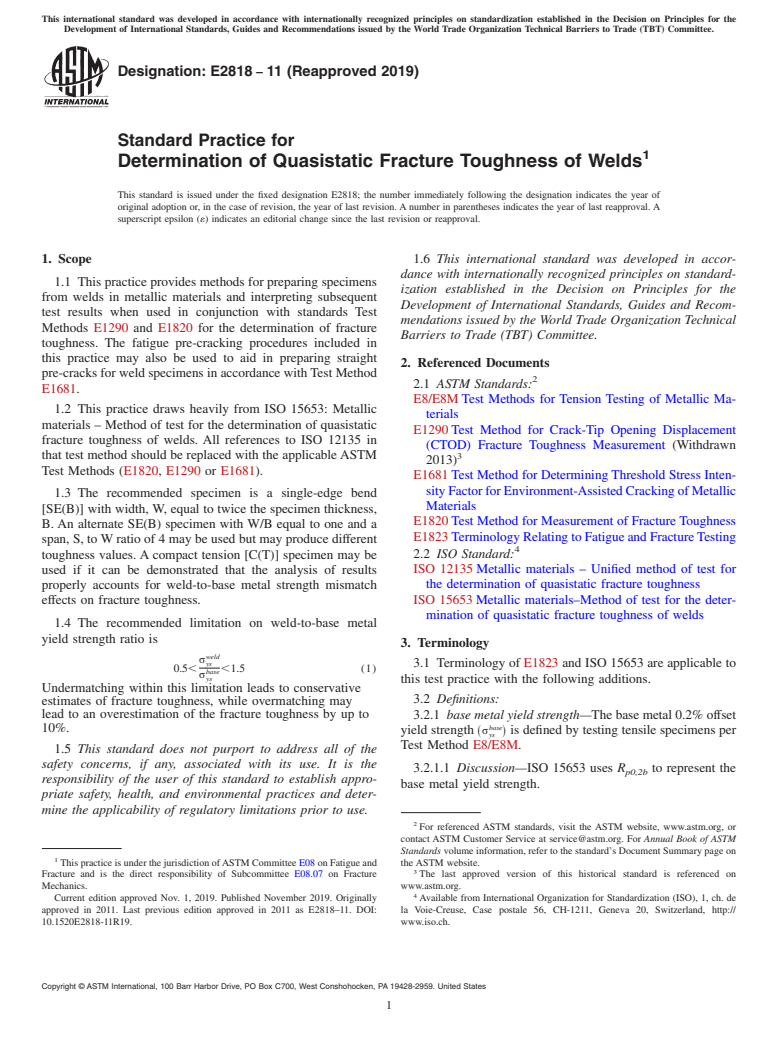 ASTM E2818-11(2019) - Standard Practice for  Determination of Quasistatic Fracture Toughness of Welds