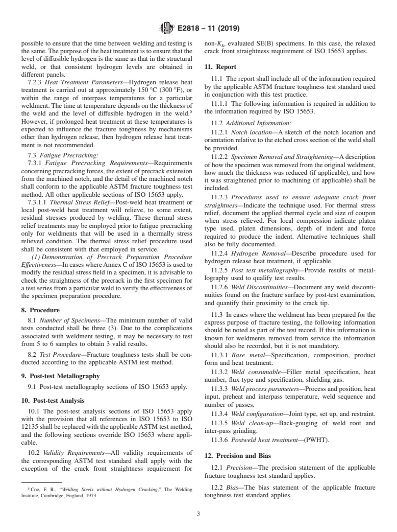 ASTM E2818-11(2019) - Standard Practice for  Determination of Quasistatic Fracture Toughness of Welds