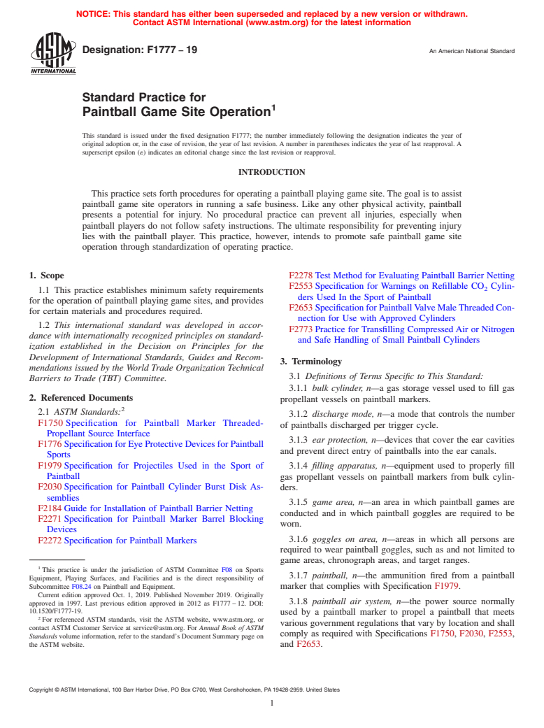 ASTM F1777-19 - Standard Practice for  Paintball Game Site Operation