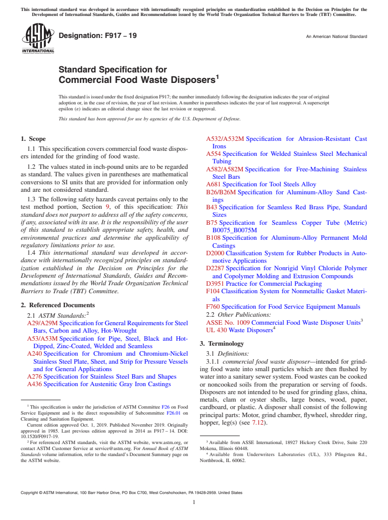 ASTM F917-19 - Standard Specification for Commercial Food Waste Disposers