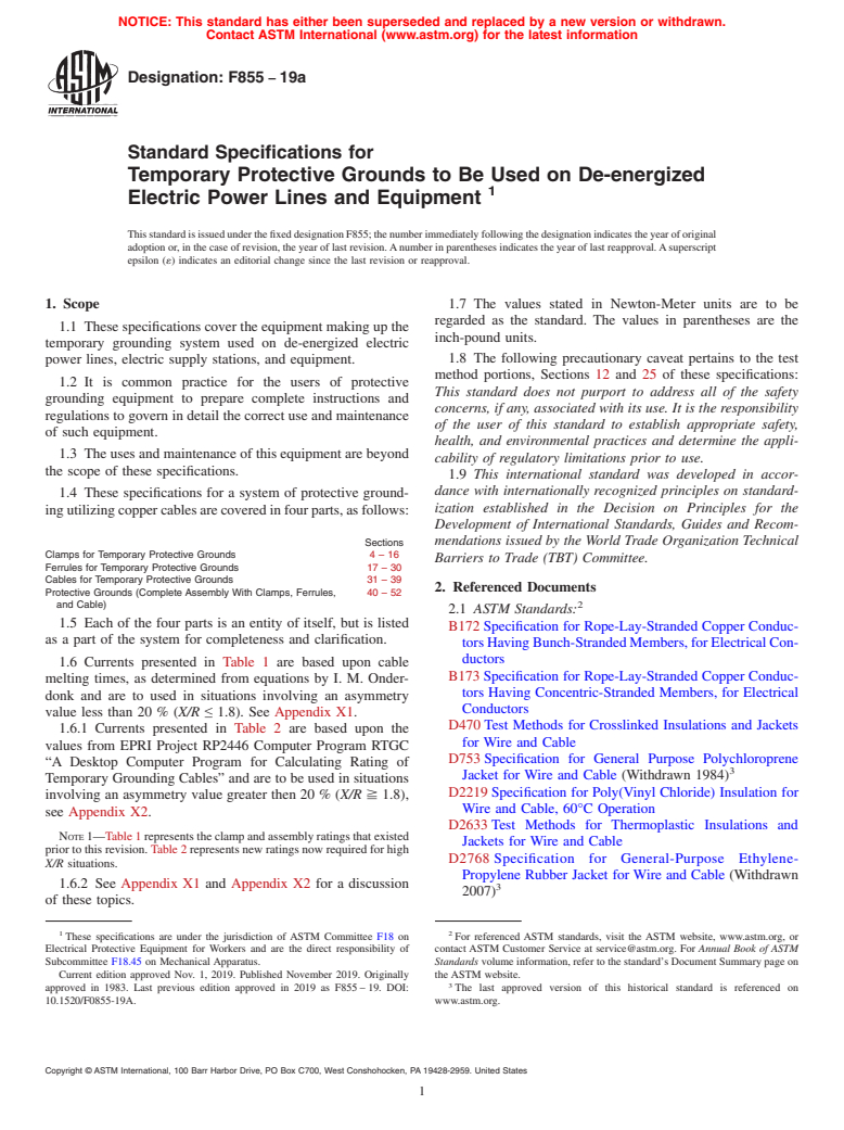 ASTM F855-19a - Standard Specifications for  Temporary Protective Grounds to Be Used on De-energized Electric   Power Lines and Equipment