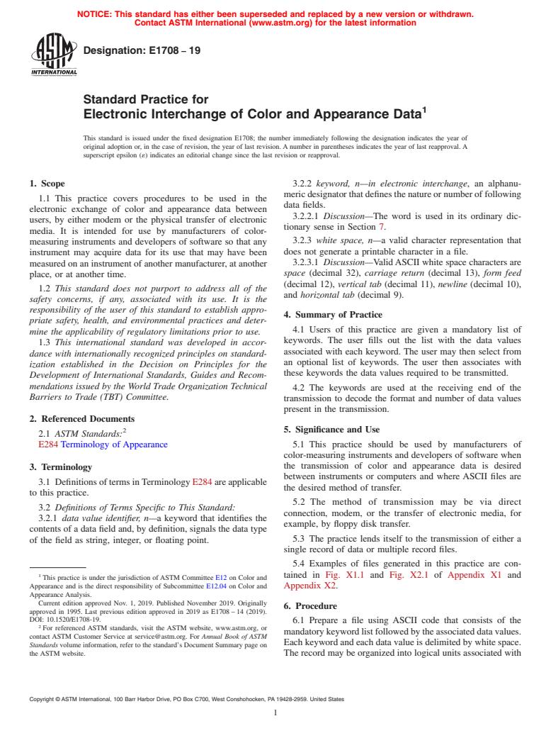 ASTM E1708-19 - Standard Practice for Electronic Interchange of Color and Appearance Data