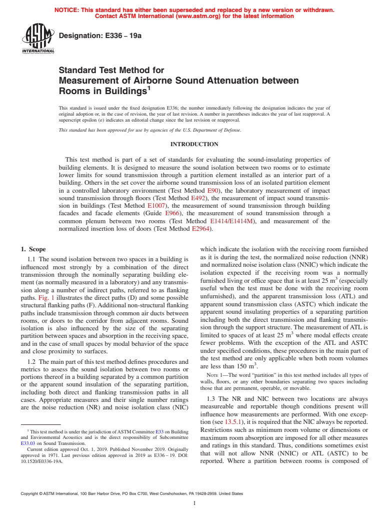 ASTM E336-19a - Standard Test Method for Measurement of Airborne Sound Attenuation between Rooms in  Buildings