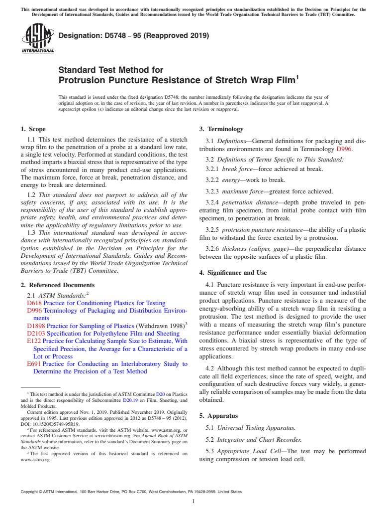 ASTM D5748-95(2019) - Standard Test Method for  Protrusion Puncture Resistance of Stretch Wrap Film