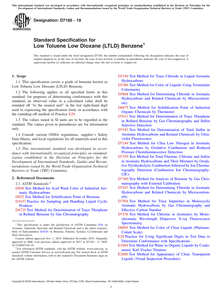 ASTM D7185-19 - Standard Specification for  Low Toluene Low Dioxane (LTLD) Benzene