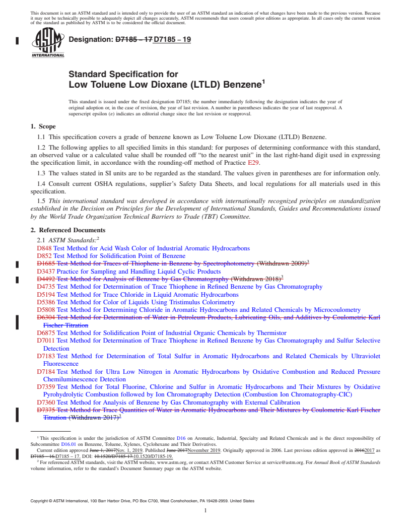 REDLINE ASTM D7185-19 - Standard Specification for  Low Toluene Low Dioxane (LTLD) Benzene
