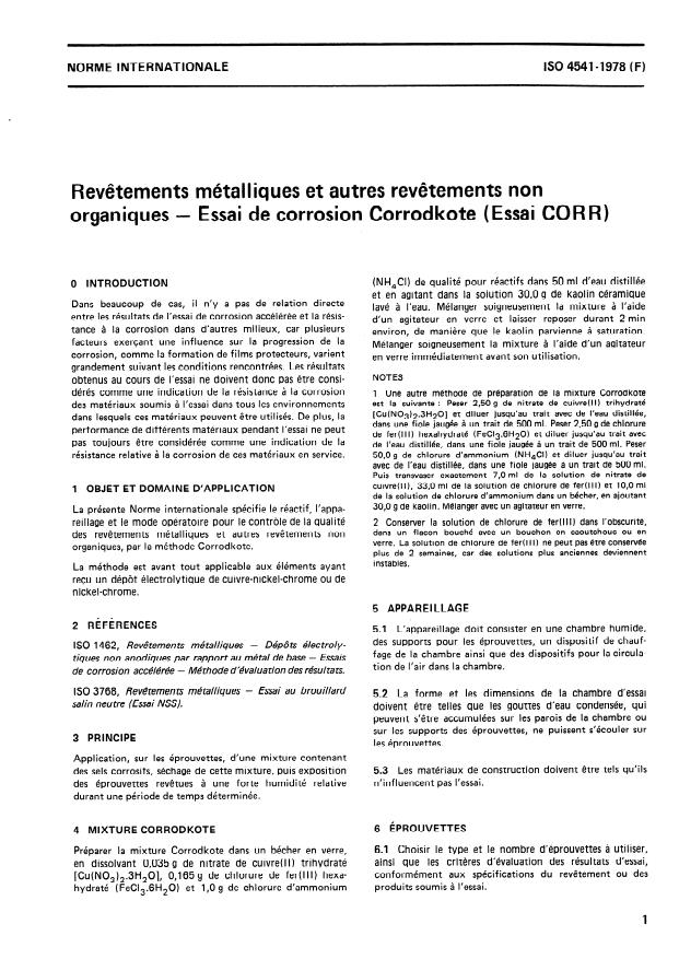 ISO 4541:1978 - Revetements métalliques et autres revetements non organiques -- Essai de corrosion Corrodkote (Essai CORR)