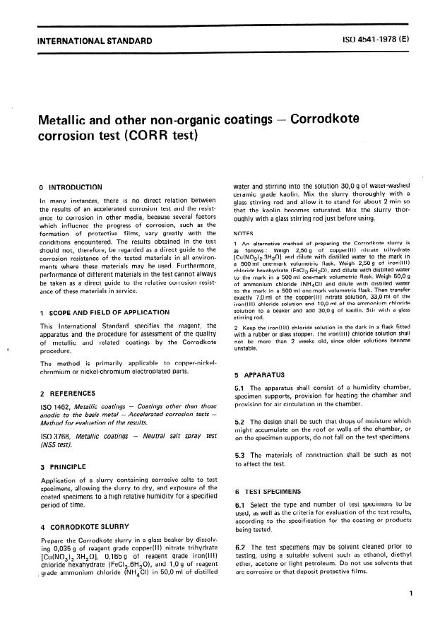 ISO 4541:1978 - Metallic and other non-organic coatings -- Corrodkote corrosion test (CORR test)