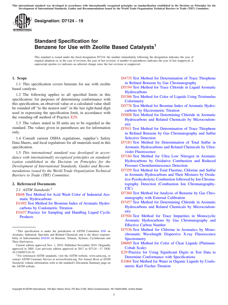 ASTM D7124-19 - Standard Specification for  Benzene for Use with Zeolite Based Catalysts