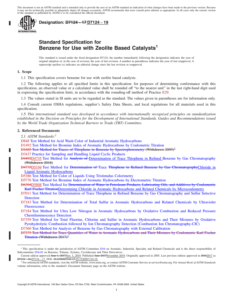 REDLINE ASTM D7124-19 - Standard Specification for  Benzene for Use with Zeolite Based Catalysts