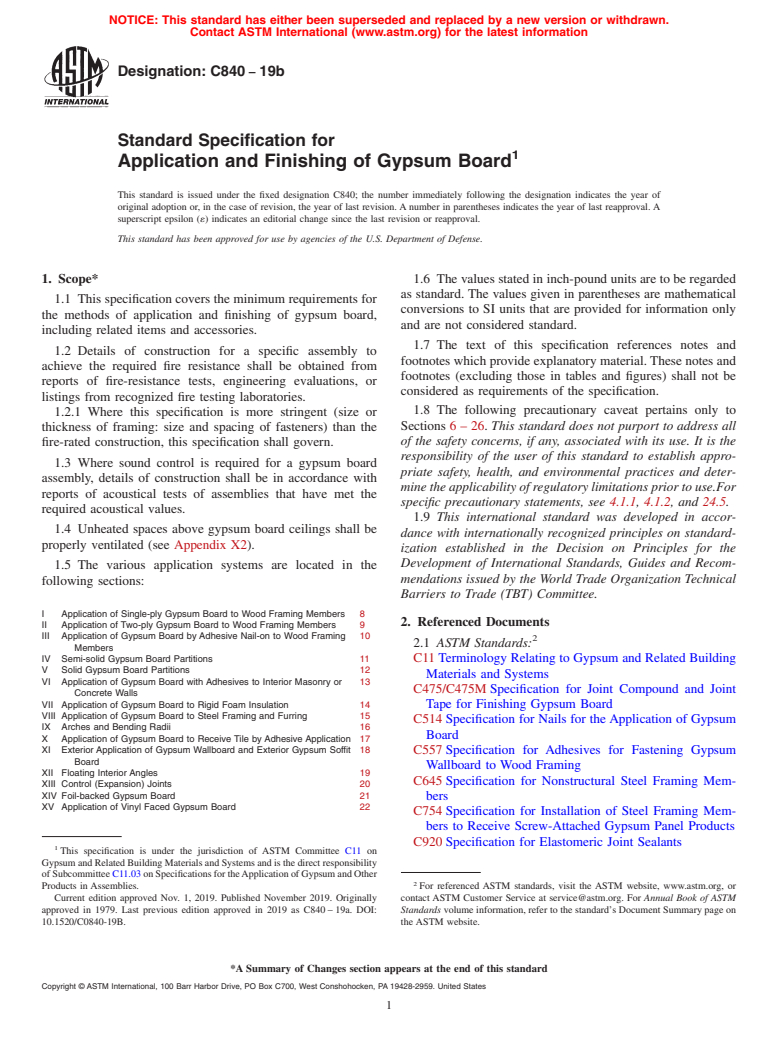 ASTM C840-19b - Standard Specification for  Application and Finishing of Gypsum Board