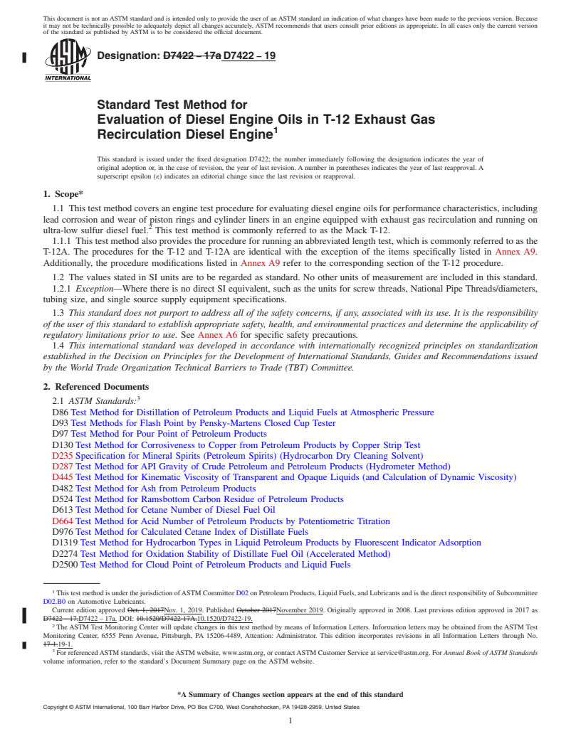 REDLINE ASTM D7422-19 - Standard Test Method for  Evaluation of Diesel Engine Oils in T-12 Exhaust Gas Recirculation  Diesel Engine