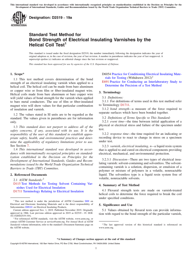 ASTM D2519-19a - Standard Test Method for  Bond Strength of Electrical Insulating Varnishes by the Helical   Coil Test