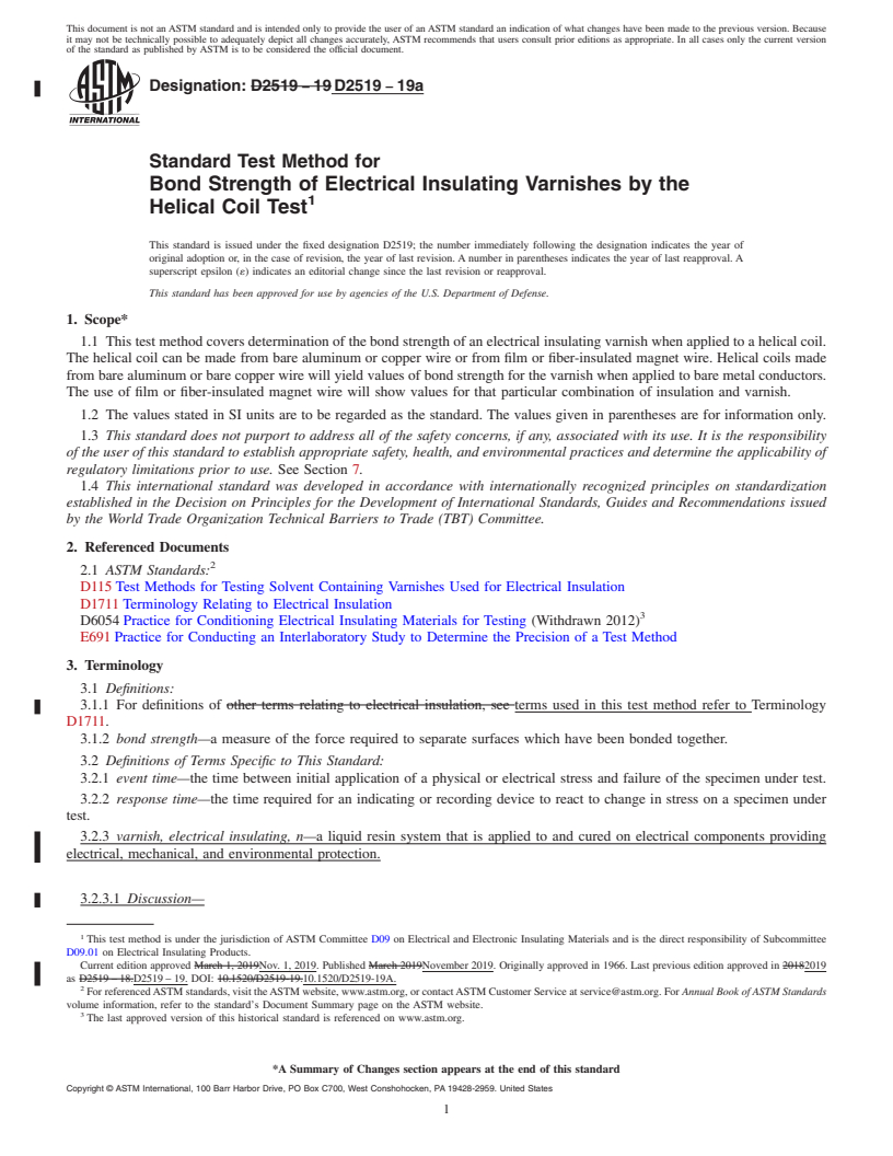 REDLINE ASTM D2519-19a - Standard Test Method for  Bond Strength of Electrical Insulating Varnishes by the Helical   Coil Test