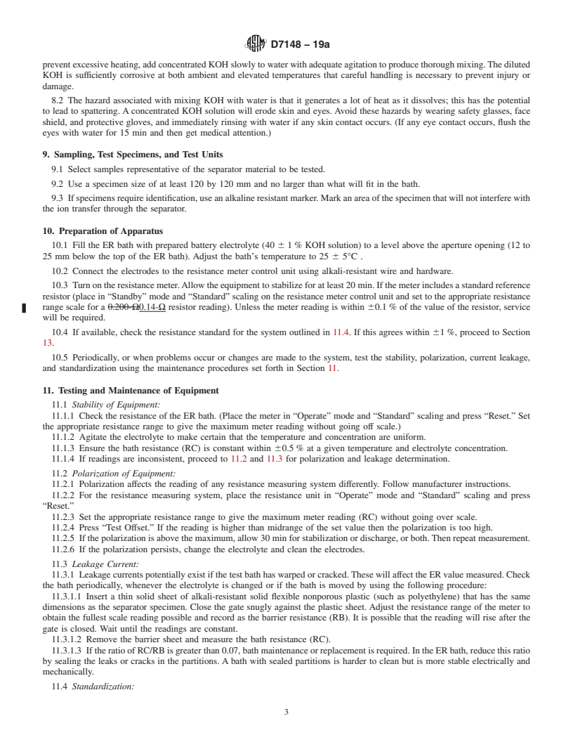 REDLINE ASTM D7148-19a - Standard Test Method for  Determining the Ionic Resistivity (ER) of Alkaline Battery   Separator Using a Carbon Electrode in an Electrolyte Bath Measuring   System