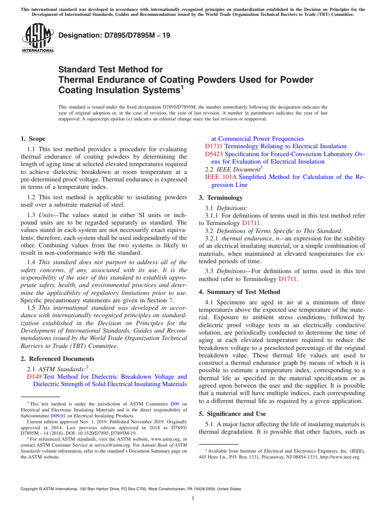 ASTM D7895/D7895M-19 - Standard Test Method for Thermal Endurance of Coating Powders Used for Powder Coating  Insulation Systems