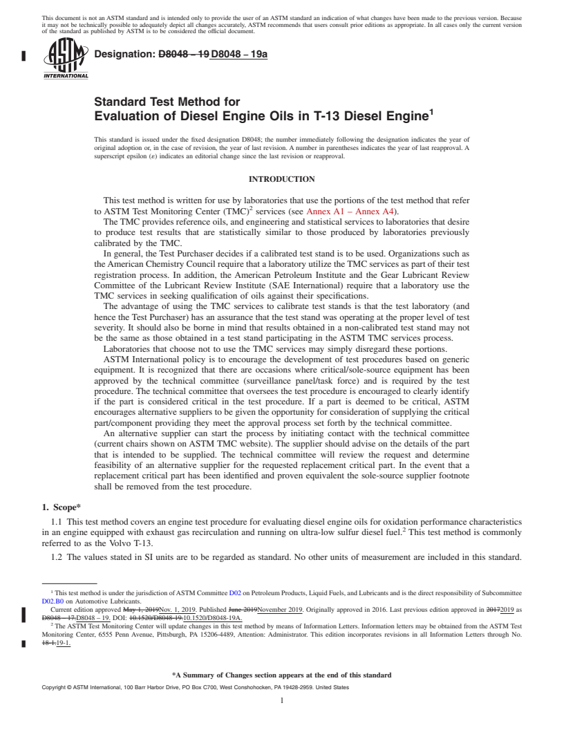 REDLINE ASTM D8048-19a - Standard Test Method for Evaluation of Diesel Engine Oils in T-13 Diesel Engine