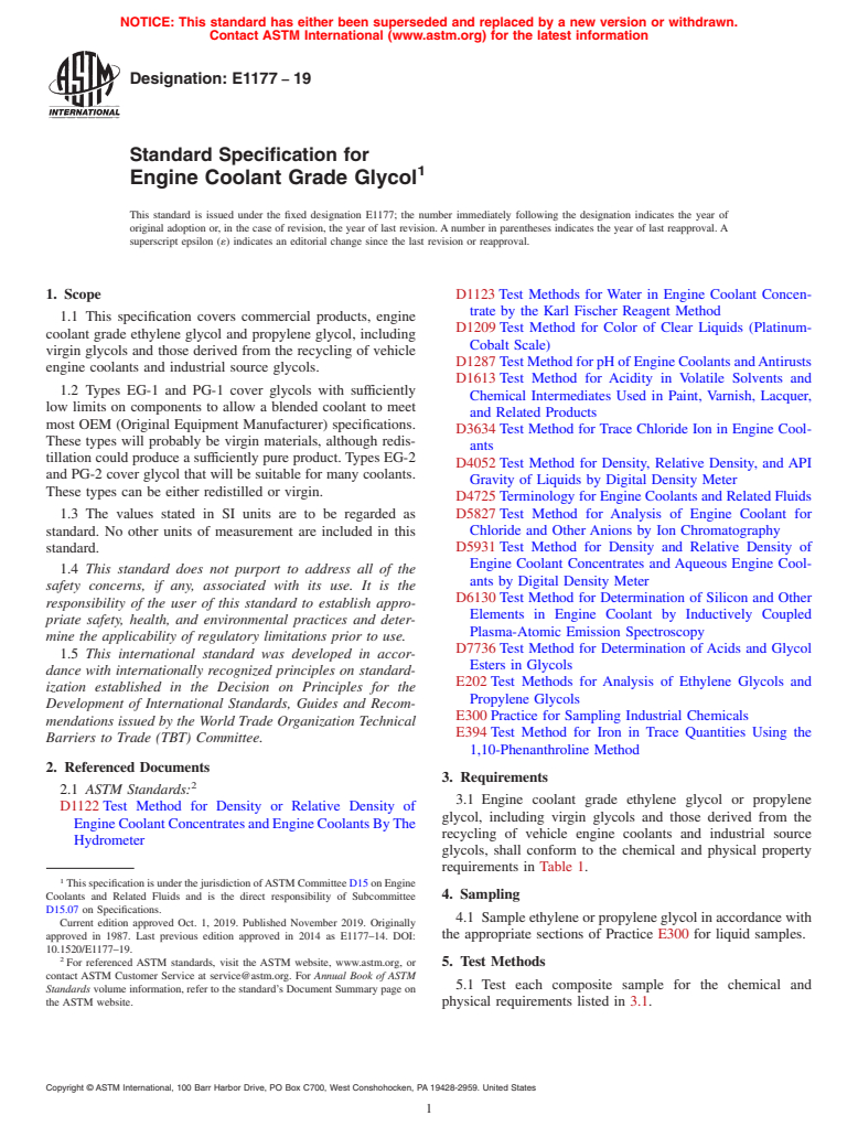 ASTM E1177-19 - Standard Specification for Engine Coolant Grade Glycol