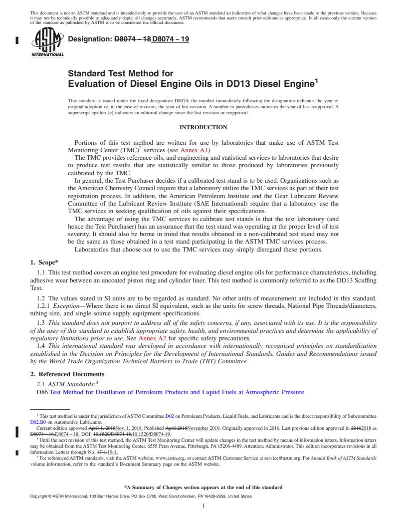 REDLINE ASTM D8074-19 - Standard Test Method for Evaluation of Diesel Engine Oils in DD13 Diesel Engine