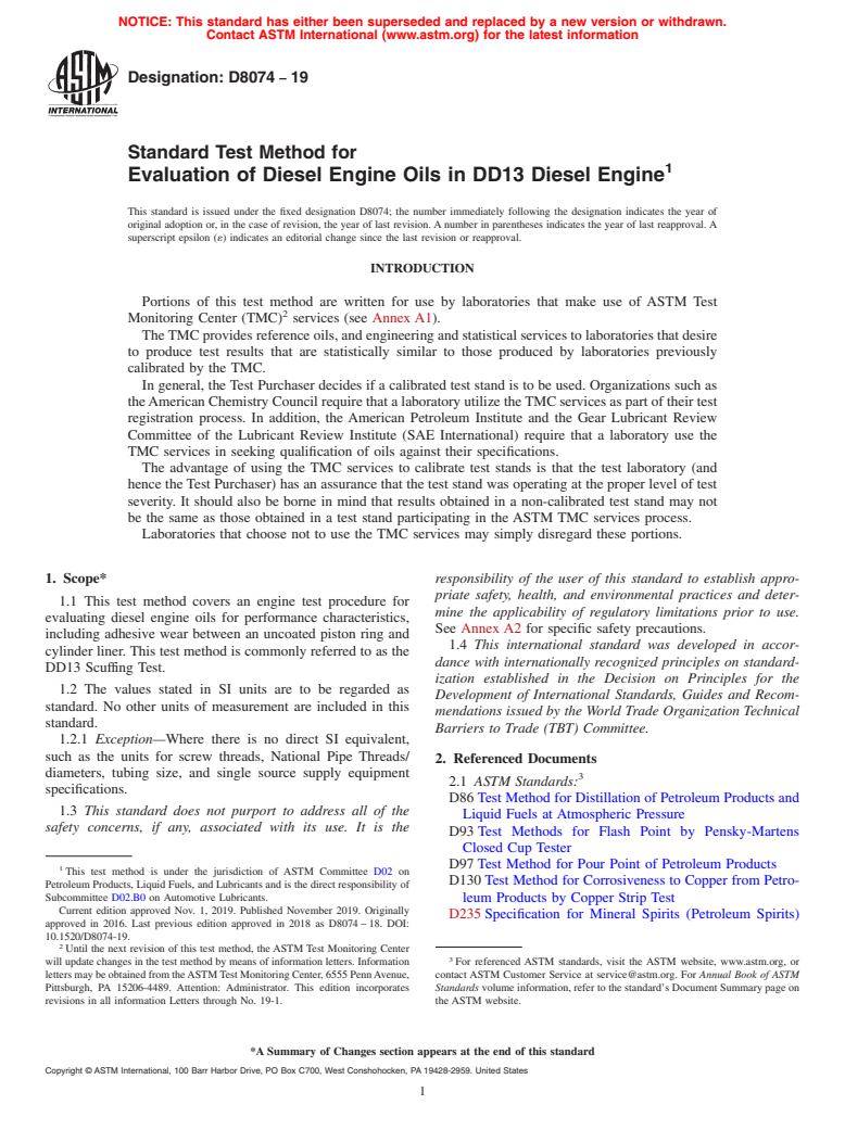 ASTM D8074-19 - Standard Test Method for Evaluation of Diesel Engine Oils in DD13 Diesel Engine