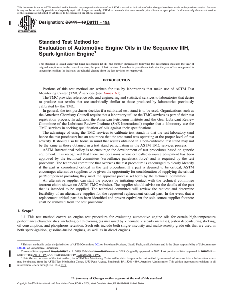 REDLINE ASTM D8111-19a - Standard Test Method for Evaluation of Automotive Engine Oils in the Sequence IIIH,  Spark-Ignition Engine