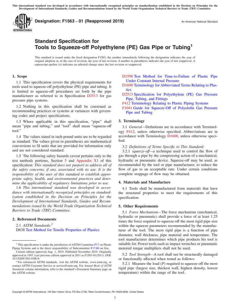 ASTM F1563-01(2019) - Standard Specification for  Tools to Squeeze-off Polyethylene (PE) Gas Pipe or Tubing