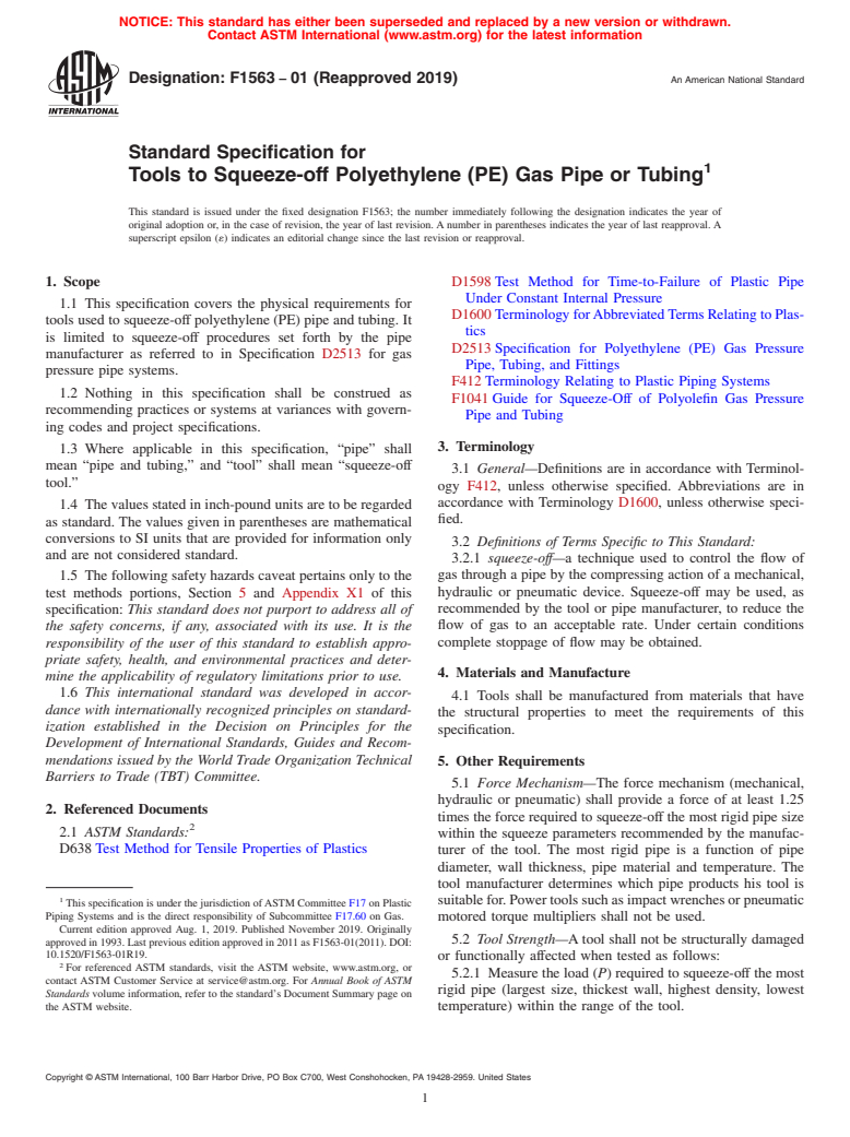 ASTM F1563-01(2019) - Standard Specification for  Tools to Squeeze-off Polyethylene (PE) Gas Pipe or Tubing