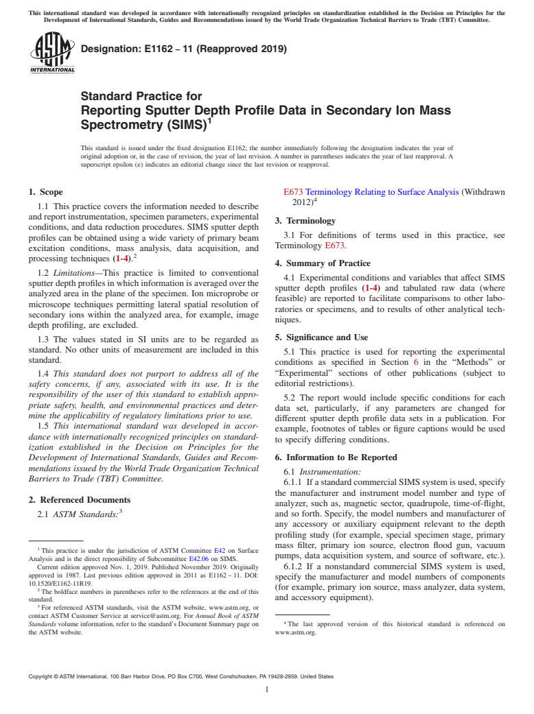 ASTM E1162-11(2019) - Standard Practice for  Reporting Sputter Depth Profile Data in Secondary Ion Mass  Spectrometry (SIMS)