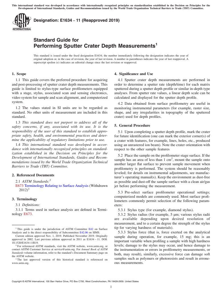 ASTM E1634-11(2019) - Standard Guide for  Performing Sputter Crater Depth Measurements