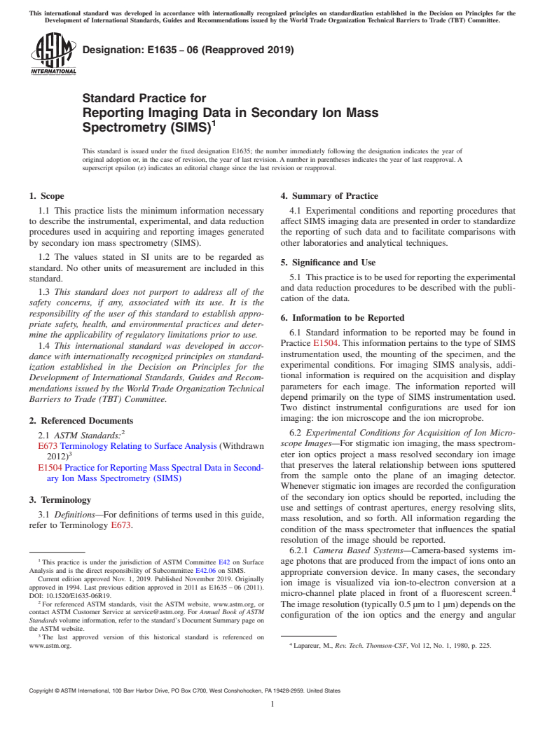 ASTM E1635-06(2019) - Standard Practice for  Reporting Imaging Data in Secondary Ion Mass Spectrometry (SIMS)