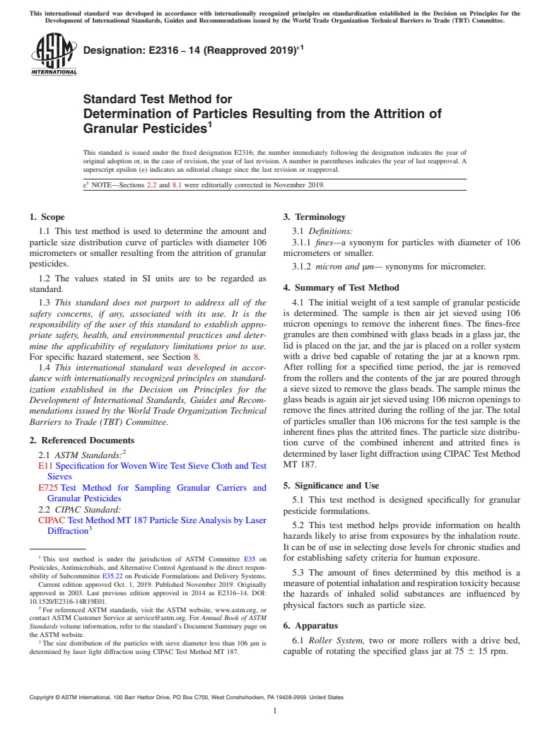 ASTM E2316-14(2019)e1 - Standard Test Method for  Determination of Particles Resulting from the Attrition of  Granular Pesticides