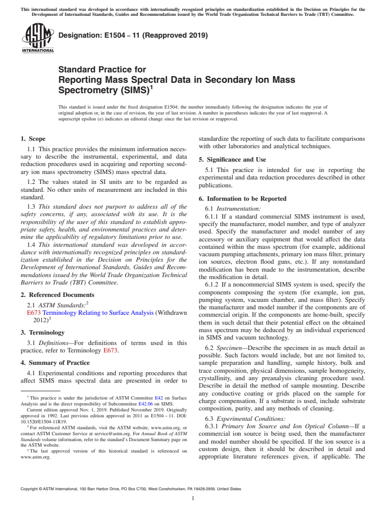 ASTM E1504-11(2019) - Standard Practice for  Reporting Mass Spectral Data in Secondary Ion Mass Spectrometry  (SIMS)