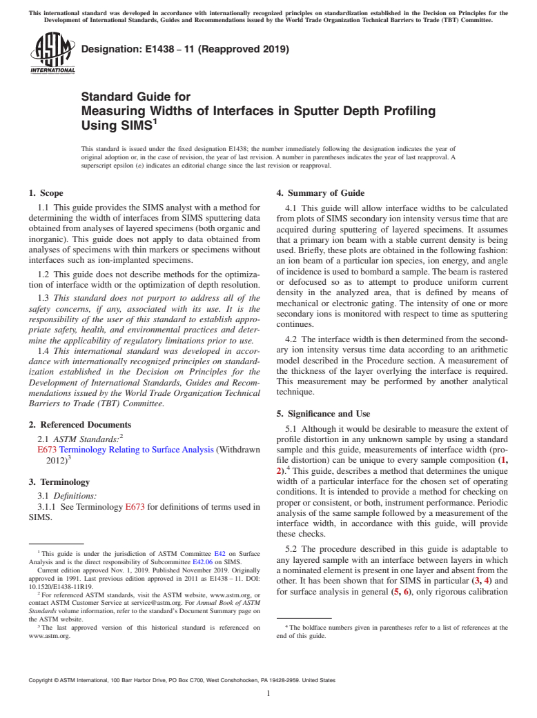 ASTM E1438-11(2019) - Standard Guide for  Measuring Widths of Interfaces in Sputter Depth Profiling Using  SIMS