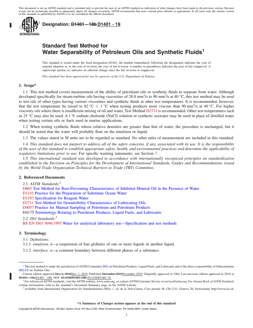 REDLINE ASTM D1401-19 - Standard Test Method for  Water Separability of Petroleum Oils and Synthetic Fluids