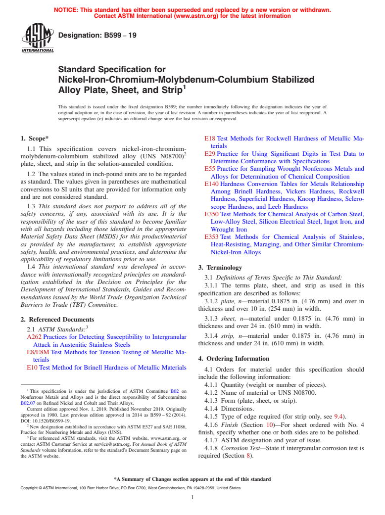 ASTM B599-19 - Standard Specification for Nickel-Iron-Chromium-Molybdenum-Columbium Stabilized Alloy  Plate, Sheet, and Strip