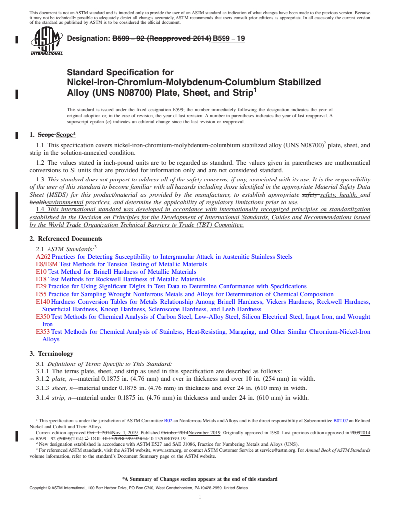 REDLINE ASTM B599-19 - Standard Specification for Nickel-Iron-Chromium-Molybdenum-Columbium Stabilized Alloy  Plate, Sheet, and Strip