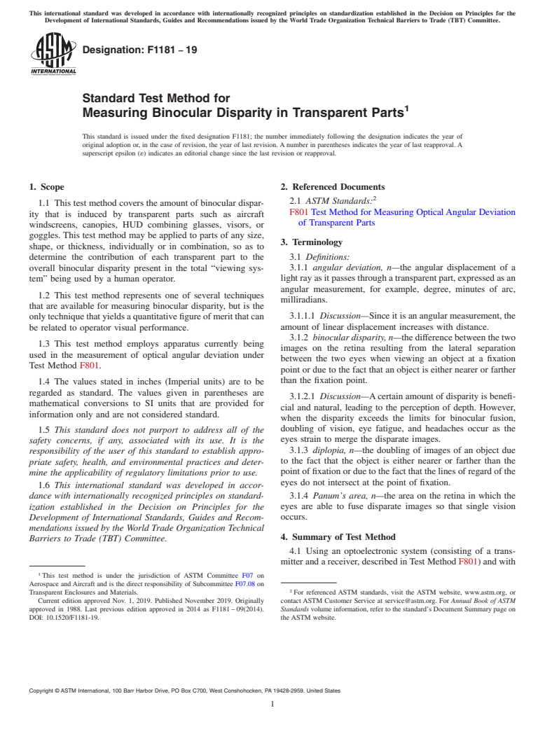 ASTM F1181-19 - Standard Test Method for  Measuring Binocular Disparity in Transparent Parts