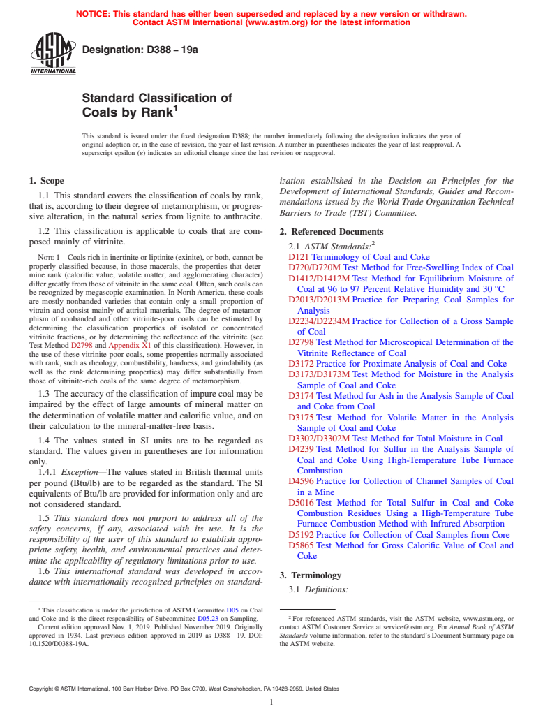 ASTM D388-19a - Standard Classification of  Coals by Rank