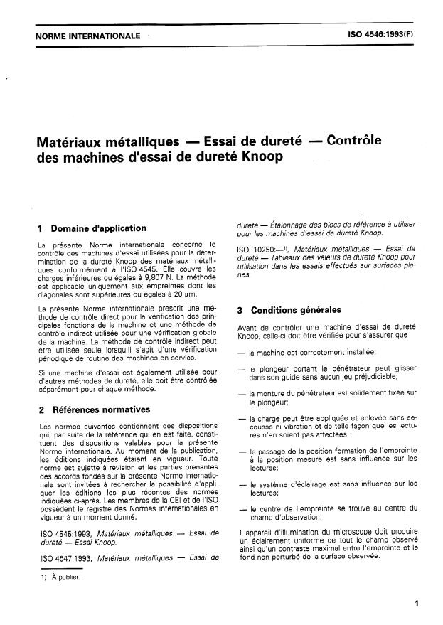 ISO 4546:1993 - Matériaux métalliques -- Essai de dureté -- Contrôle des machines d'essai de dureté Knoop