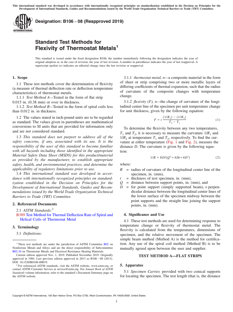 ASTM B106-08(2019) - Standard Test Methods for Flexivity of Thermostat Metals