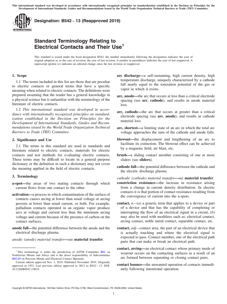 ASTM B542-13(2019) - Standard Terminology Relating to Electrical Contacts and Their Use